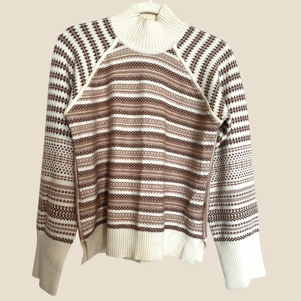 CYRUS Womens S Mock Neck Sweater Cream Brown Striped Textured Knit Quiet Luxury - Picture 1 of 7